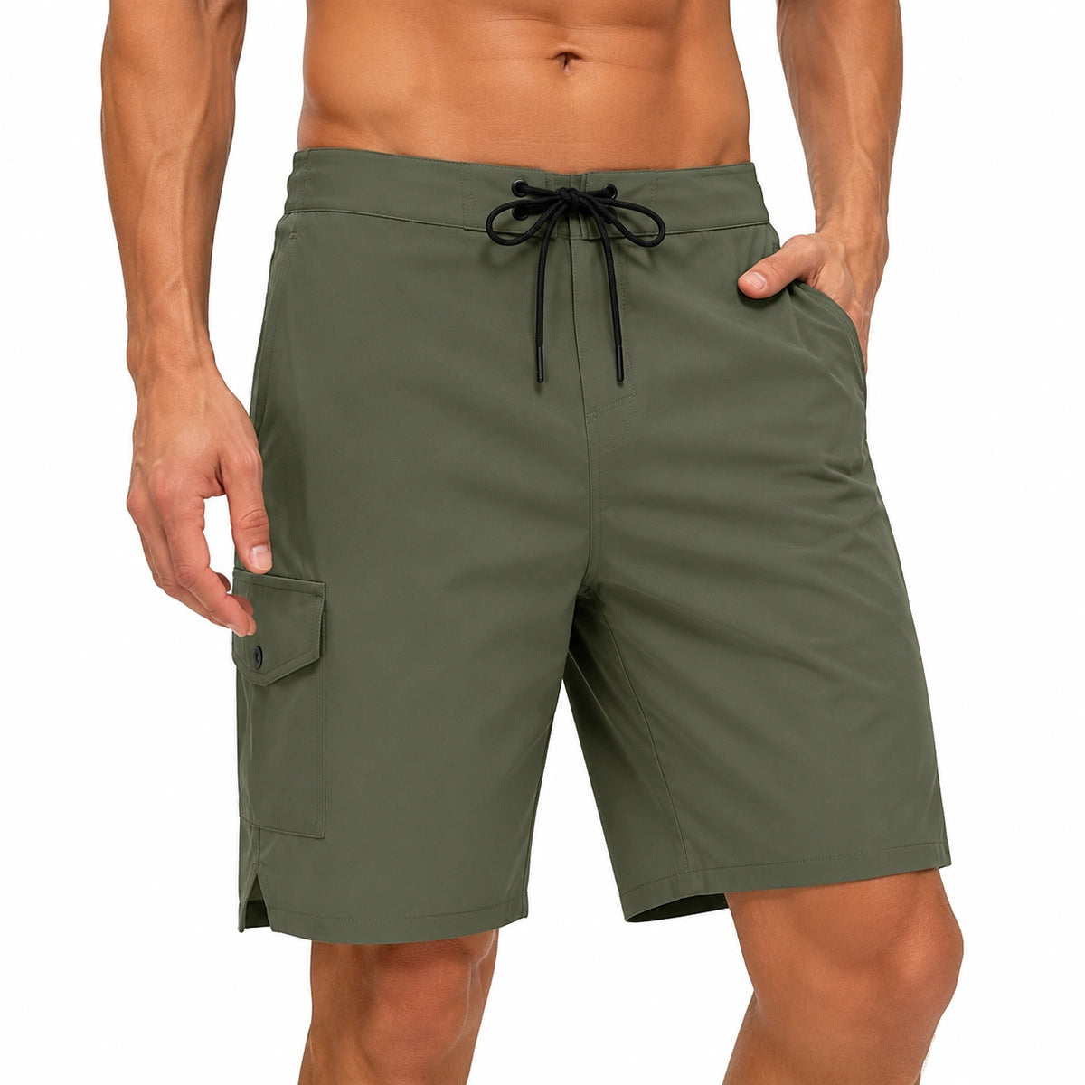 Costume da bagno uomo M verde oliva in tessuto sintetico - bermuda cargo con coulisse