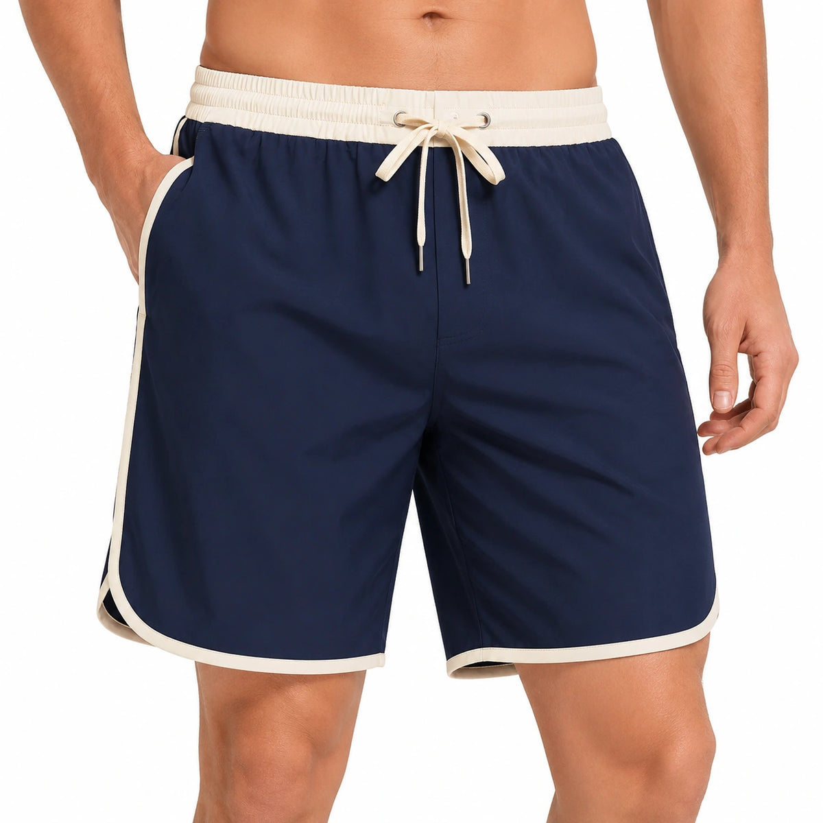 Costume da bagno uomo XL blu navy e bianco con coulisse e tasche laterali