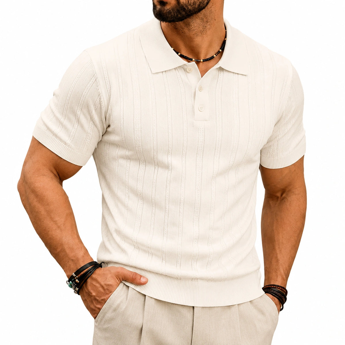 Polo uomo taglia L in maglia bianco panna a righe verticali manica corta stile casual