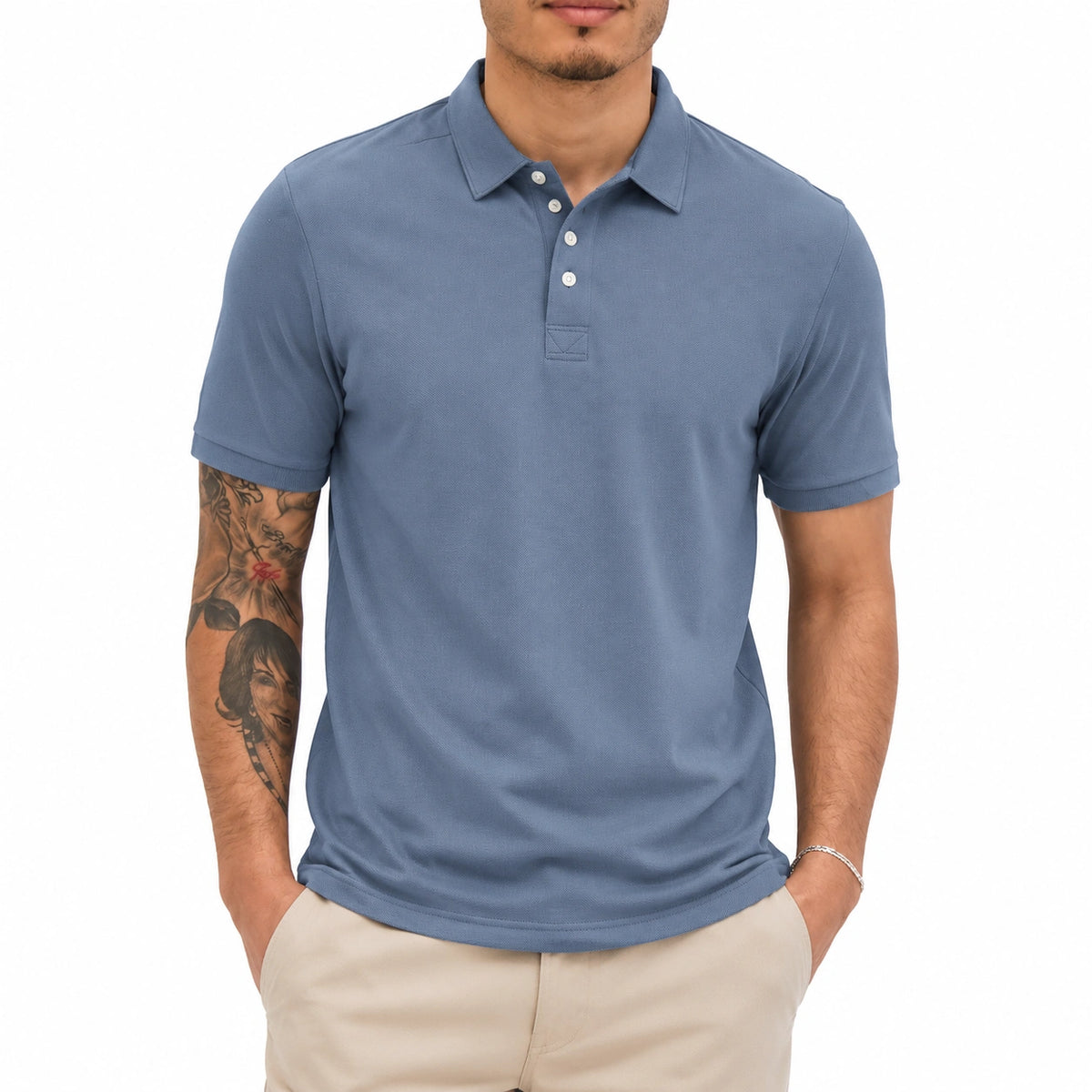 Polo uomo taglia L in tessuto piqué blu ardesia - manica corta stile casual