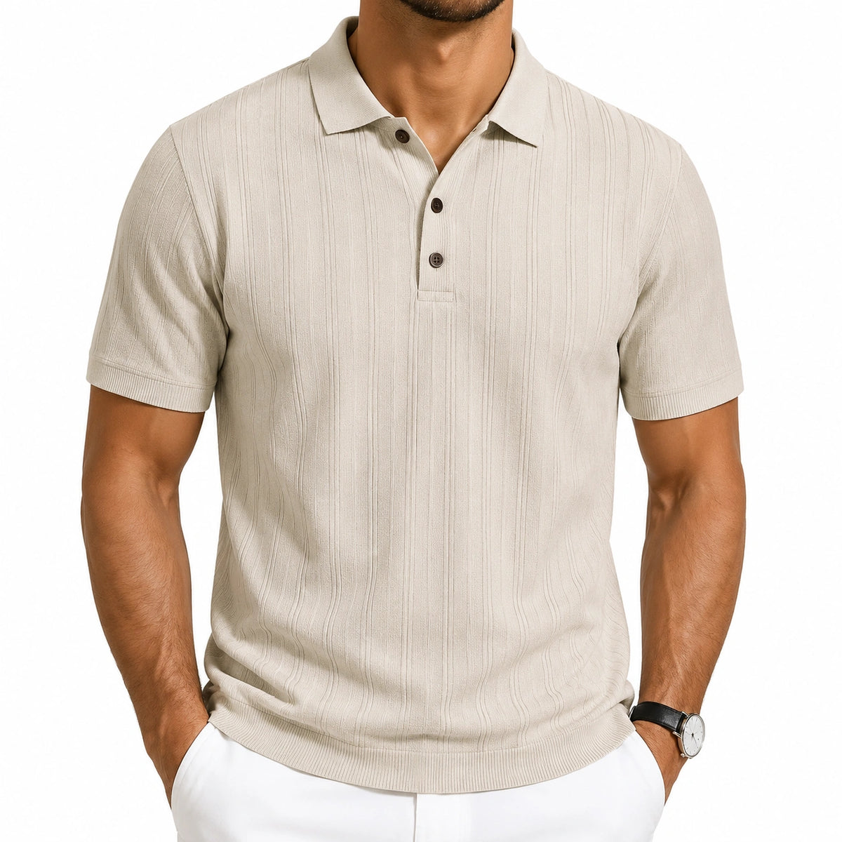 Polo uomo L in maglia beige a maniche corte con colletto