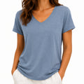 T-shirt da donna taglia S in tessuto blu con scollo a V stile casual